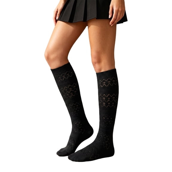 Yuanlong Womens Knee-High Socks Thin Hollow Mesh Breathable Mid Calf Stockings Solid Color Casual Hosiery