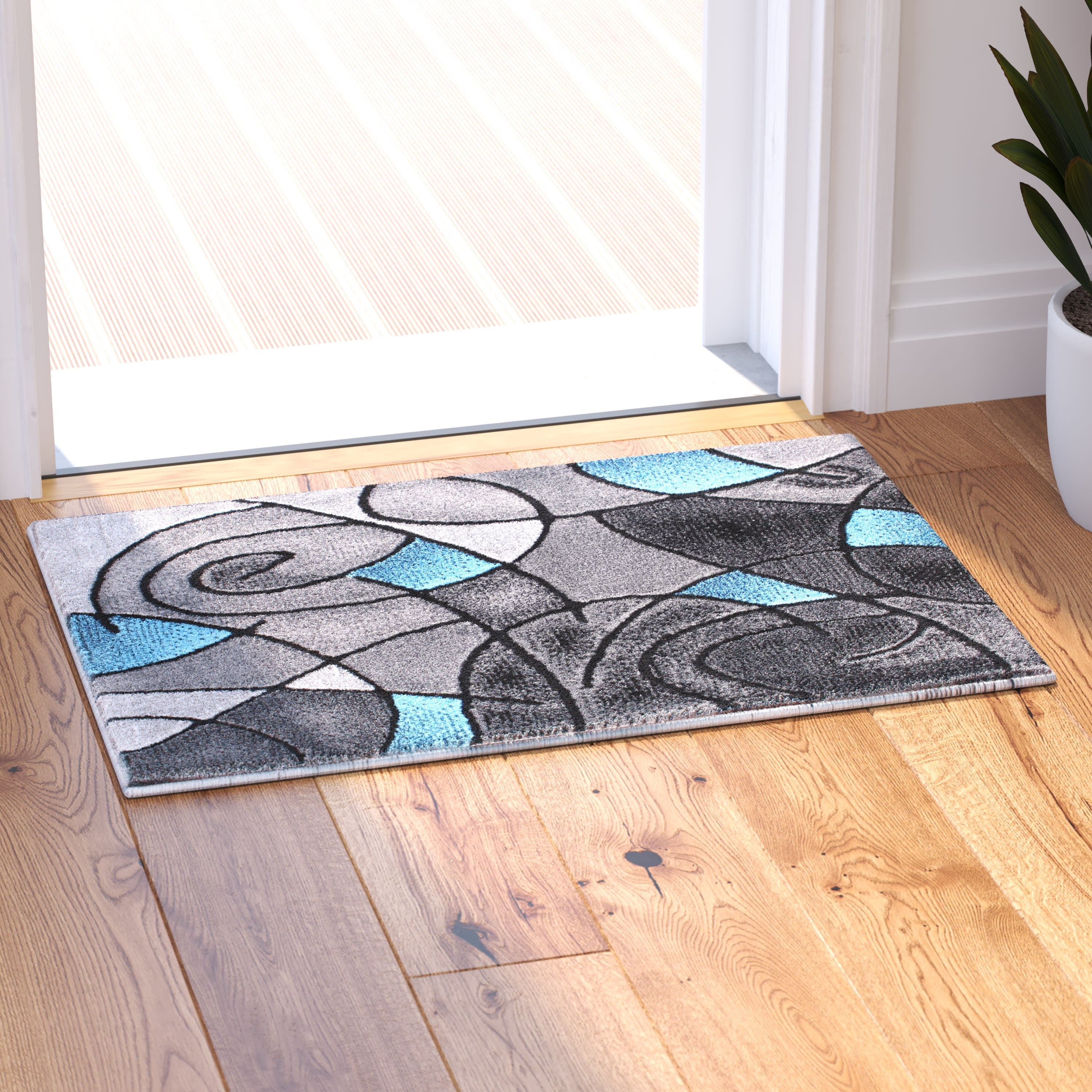 BizChair Modern Contemporary Area Rug Mat, Blue Grey Black (2 Feet X 3 Feet) Mat