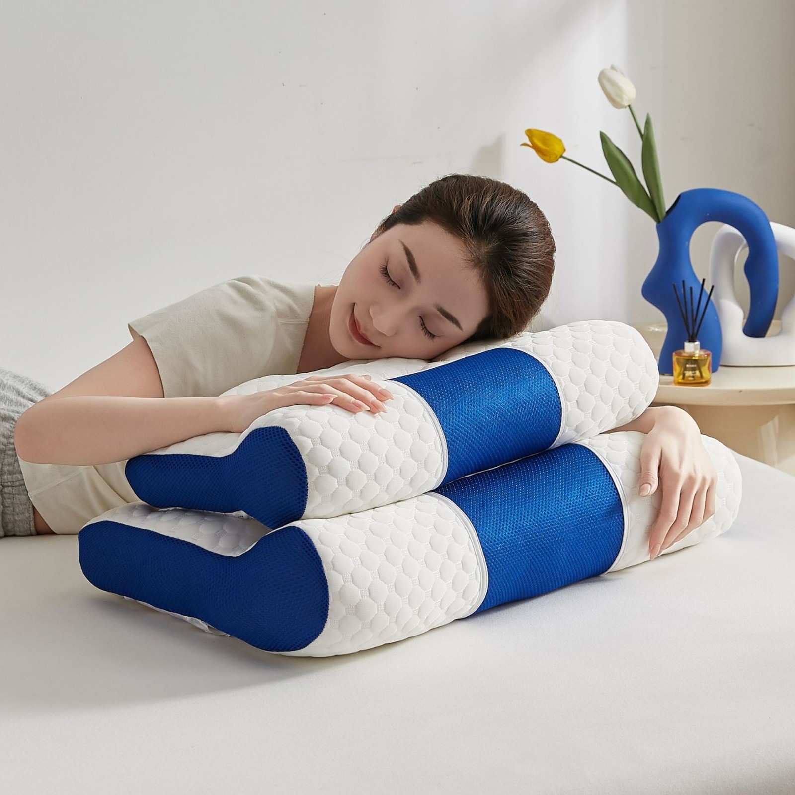 Oreiller Cervical Mémoire De Forme Elviros - Ergonomique, 2 Hauteurs, Housse Respirante, Pour Dos Et Côté