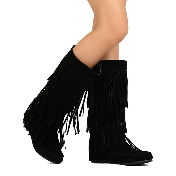Refresh Refresh Jolin02 Women Knee High Faux Suede Cascading Fringe Moccasin Boot Walmart