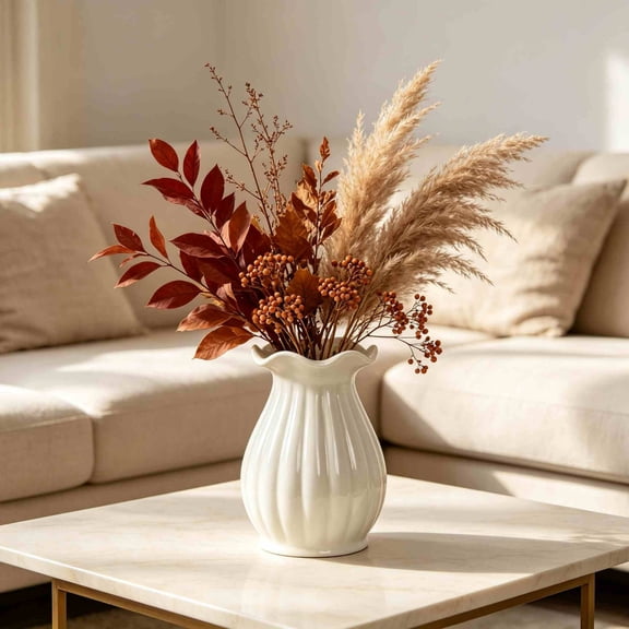 MYUNNIL White Ribbed Ceramic Vase, 6" Fall Wavy Edge Smooth Pumpkin Shaped Decorative Flower Vase, Modern Boho Elegant Home Decoration for Dining Table Centerpiece Mantle Decor