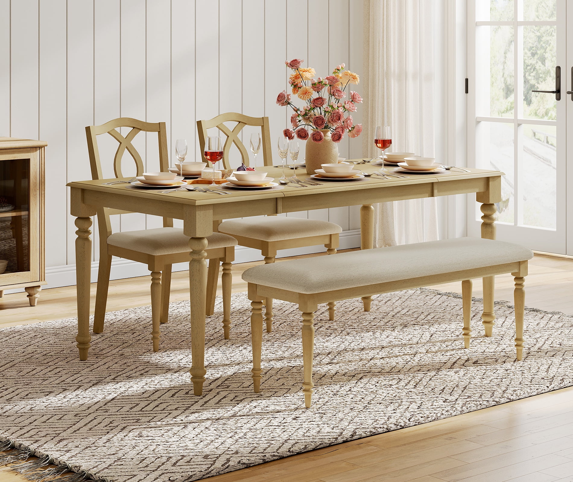 4 Piece Dining Table Set for 4-6 People - Includes One Dining Table, One Upholstered Bench, 2 Wood Dining Chairs, Rustic Dining Set for Kitchen, Oak