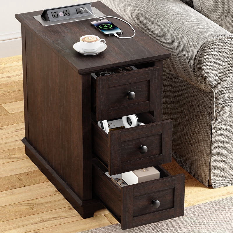 PLAMLE End Table with 3 Drawers for Living Room,Nightstand Sofa Side Table with Charging Station,End Table.