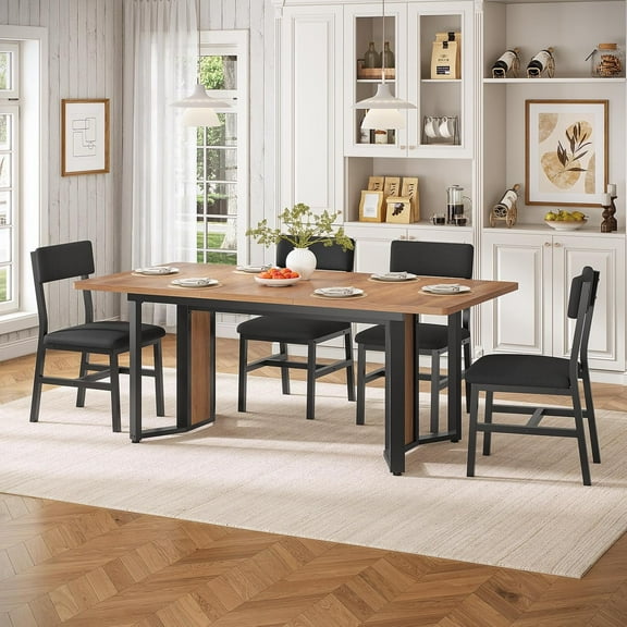 63" Extendable Kitchen Table Set for 4-8 People, 5-Piece Large Dining Table Set With 4 Chairs, Mid-Century Modern Dining Room Table, Space Saving, Rustic Brown