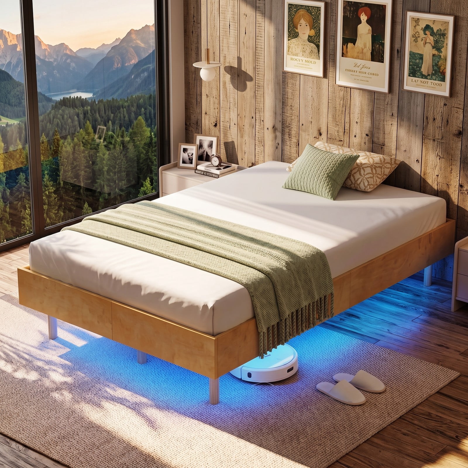 Furnibear Twin Size Floating Wood Platform Bed Frame with RGB LED Lights and Remote Control for Bedroom, No Box Spring Needed, Natural