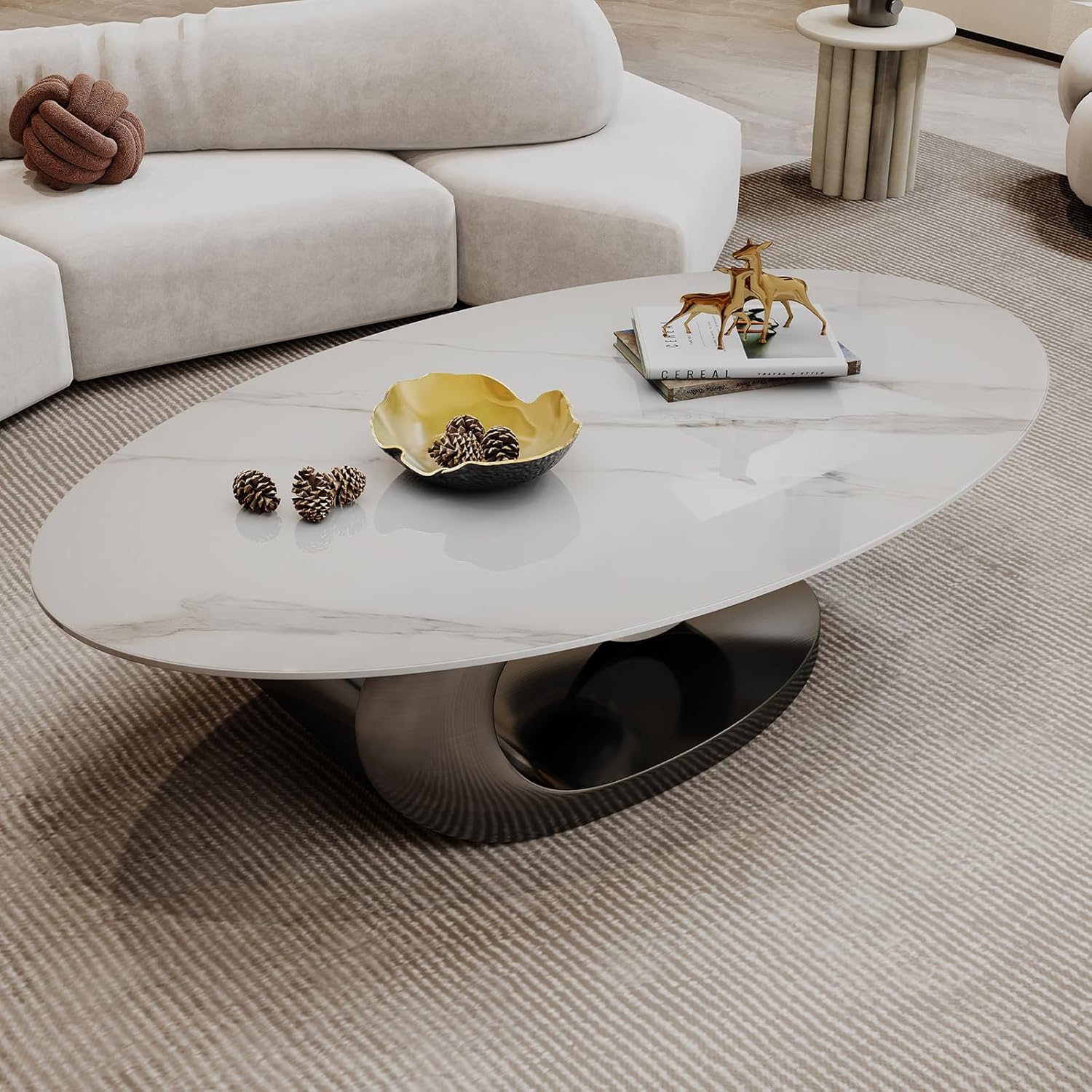 Modern Oval Stone Coffee Table with Gray Metal Base - Elegant Centerpiece for Stylish Living Rooms - 49.2" Lx27.6 Wx15.8 H