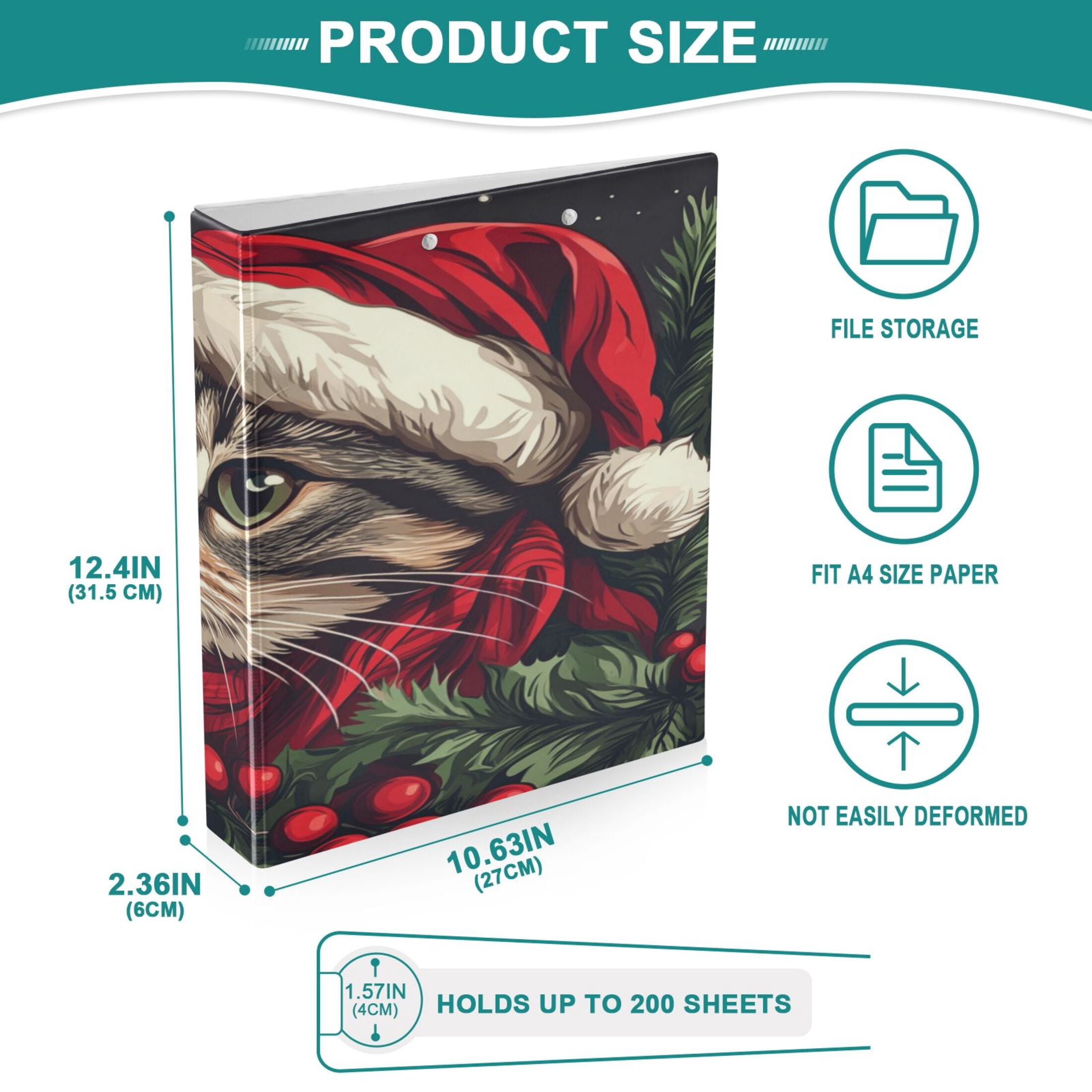 WOBOGO Red Hat Christmas Cat File Folders Extra Large Capacity to Hold 200 Sheets of Documents Hard Shell Ring Binder for School Home Office