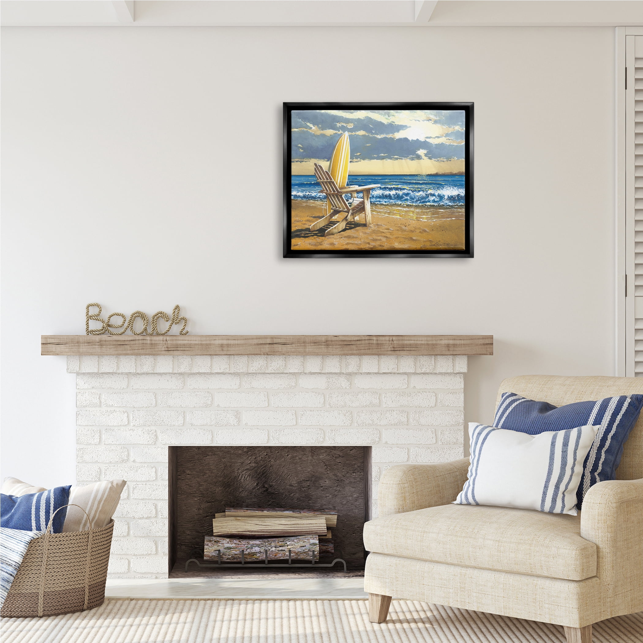 Stupell Industries Surfboard & Beach Waves Nature Painting Black Floater Framed Art Print Wall Art, 31 x 25