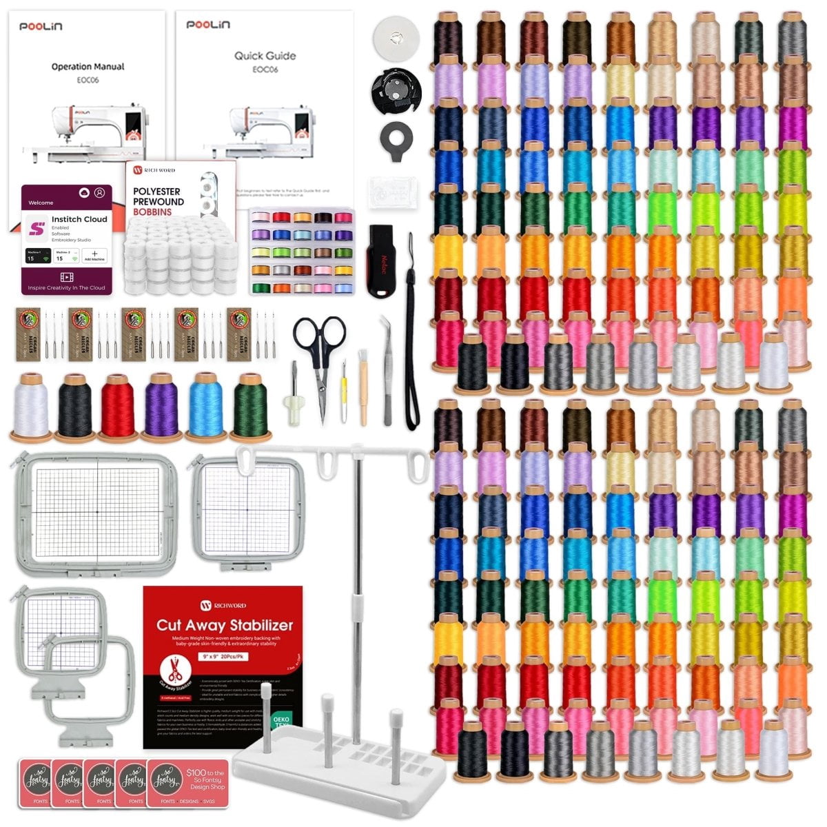 POOLIN EOC06 7.9in x 11in Embroidery Machine with 166 Embroidery Spools Bundle