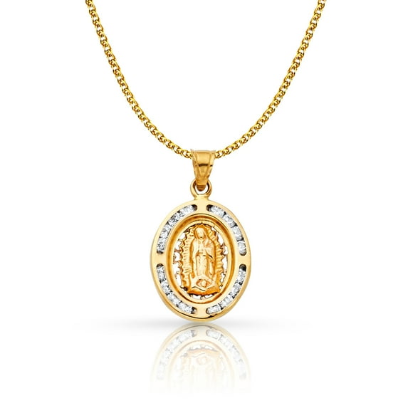 14K Yellow Gold Our Lady of Guadalupe Cubic Zirconia CZ Charm Pendant with 1.2mm Flat Open Wheat Chain Necklace - 18"