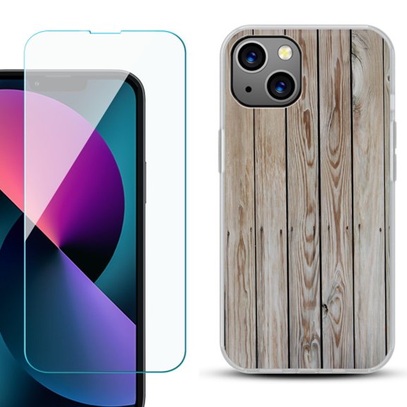 Slim-Fit Gel TPU Phone Case for iPhone 13 Mini, with Tempered Glass Screen Protector, by OneToughShield ® - Wood Print