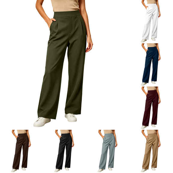 Hulanddfd Women Pants High Waist Pleated Wide Leg Straight Loose Fit Casual Trousers Lightweight Comfortable Everyday Wear