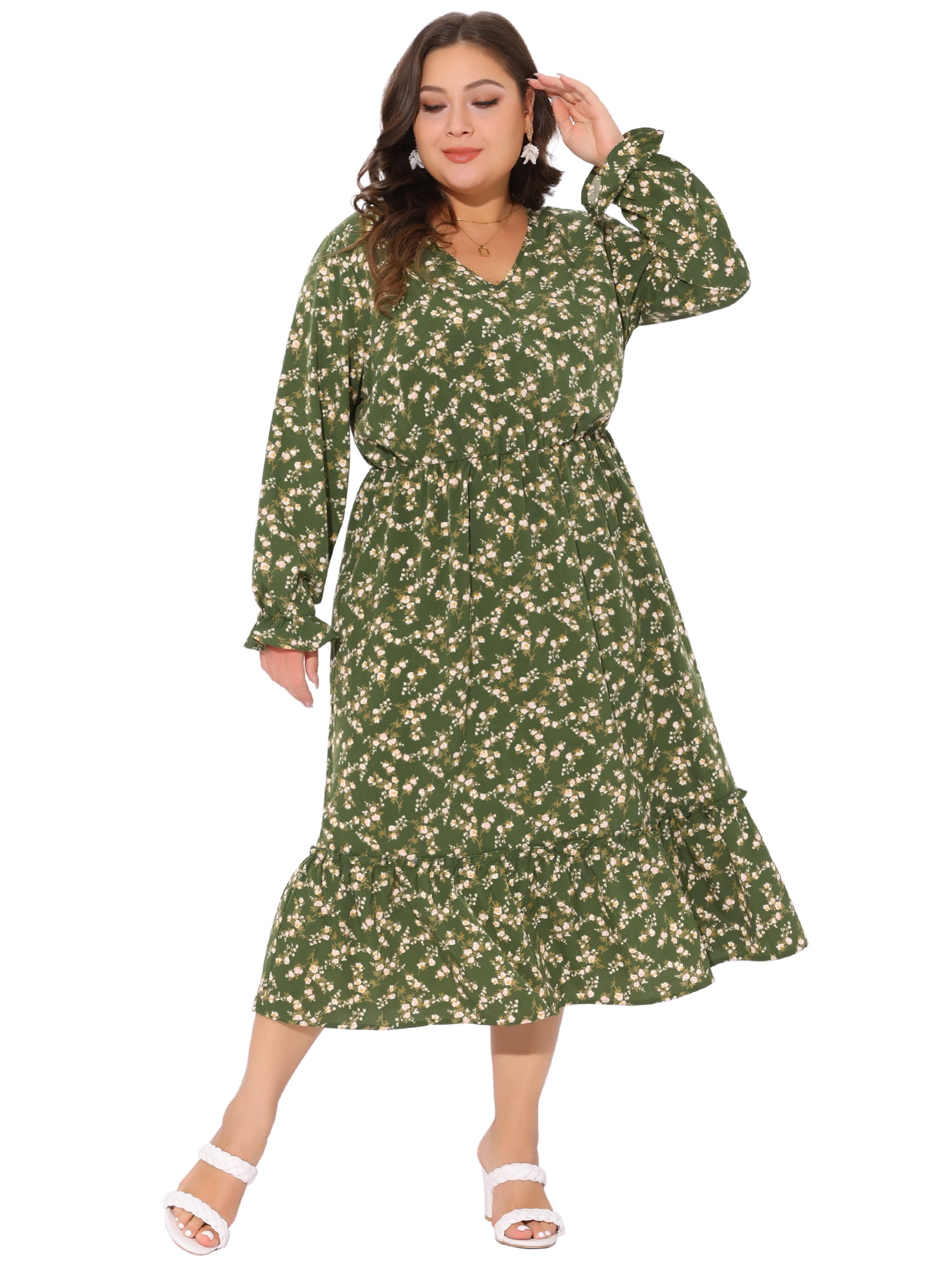 DARING DIVA Plus Size Floral Print V Neck Long Sleeve Maxi Dress 3X Olive Green