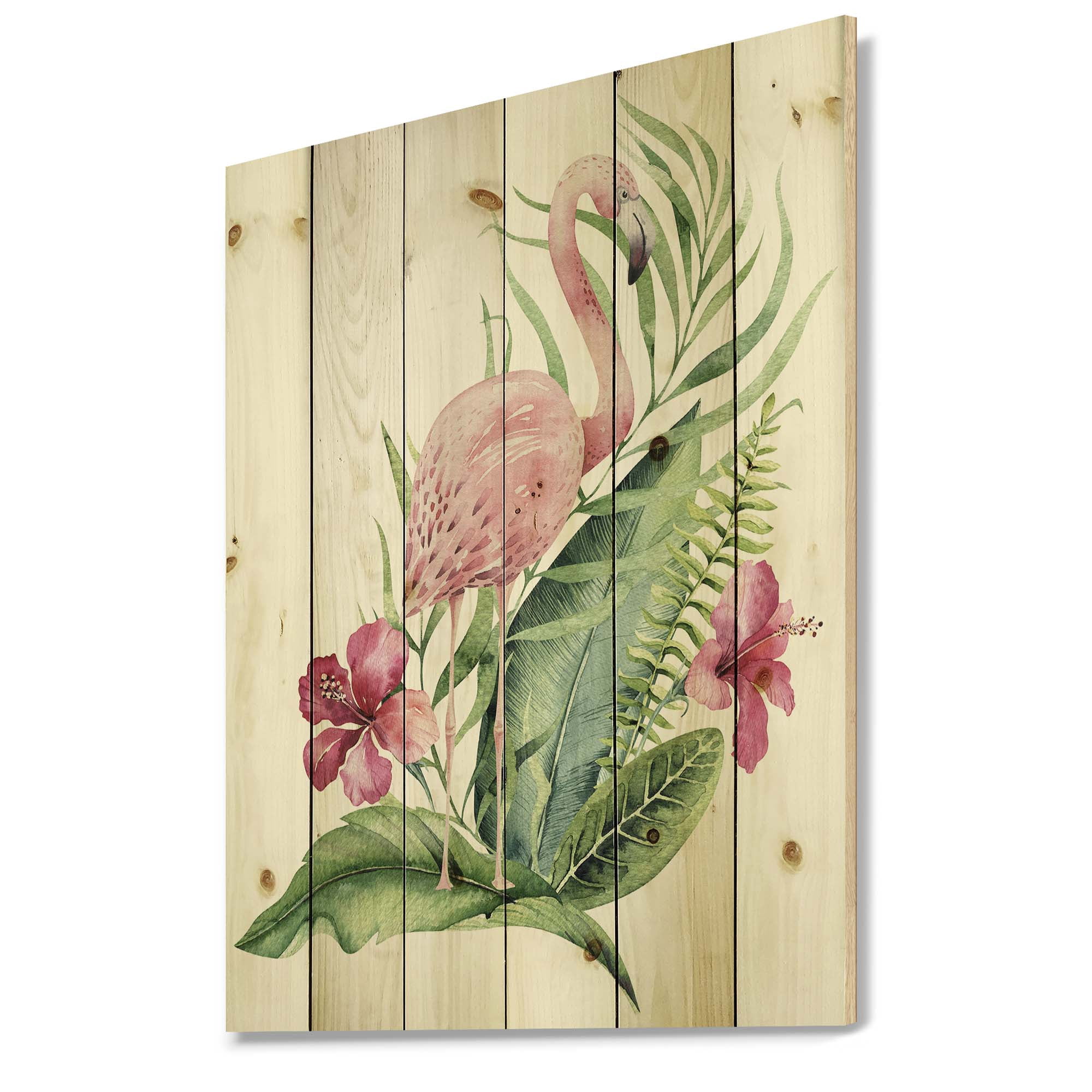 Designart 'Flamingo With Pink Flowers and Exotic Foliage' Traditional Print on Natural Pine Wood