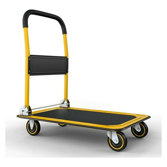 Heavy Duty Foldable Push Cart Dolly | 330 lbs. Capacity | Upgraded Collapsible Hand Truck Folding Platform with Swivel Wheels | Flat Bed Moving Wagon | Space Saving Push Handle (Yellow)
