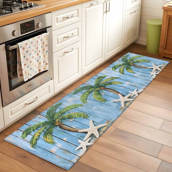 2'x6' Rug Runners for Hallways Kitchen, Blue Green Coastal Beach Non Slip Entryway Beside Floor Carpet Runner, Ocean Tropical Starfish Wood Grain Washable Laundry Room Bedroom Throw Rugs Mat