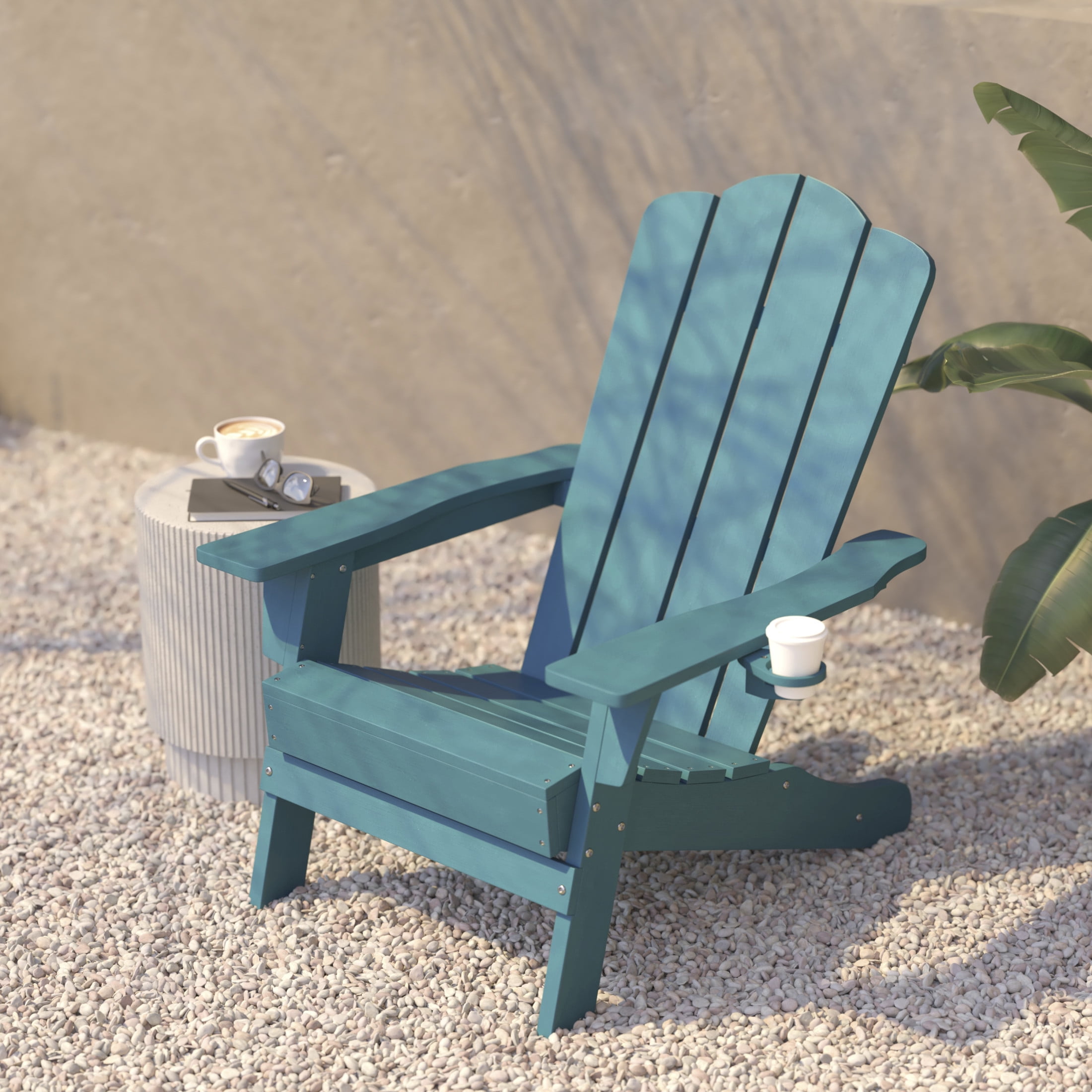 Flash Furniture Newport Adirondack Chair with Cup Holder, Weather Resistant HDPE Adirondack Chair in Blue