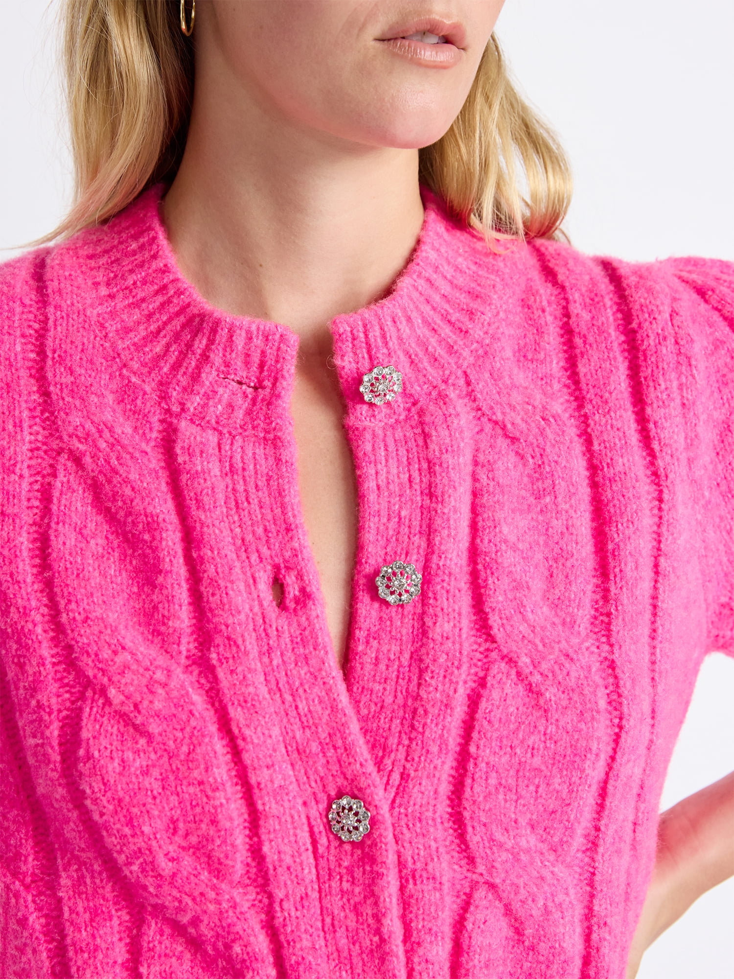 Free Assembly Women's and Women's Plus Cable Cardigan with Short Puff Sleeves, Sizes XS-4X
