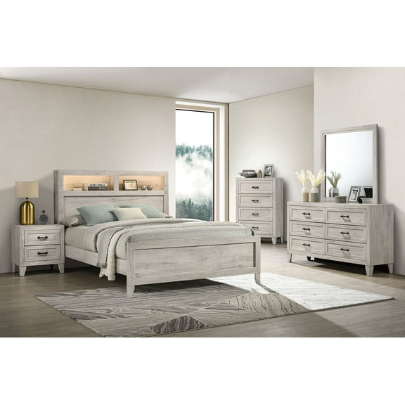White Wash Functional King Size Bed Headboard Shelves w/ Light Dresser Mirror Nightstands 4pc Bedroom Set