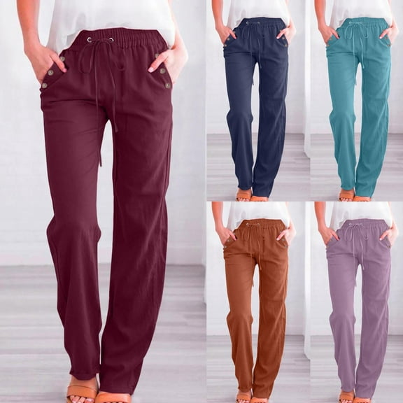 Wiicoznt Linen Wide Leg Pants Women Solid Color Light Weight Trousers with Pockets Casual Holiday Beach Breathable Pants