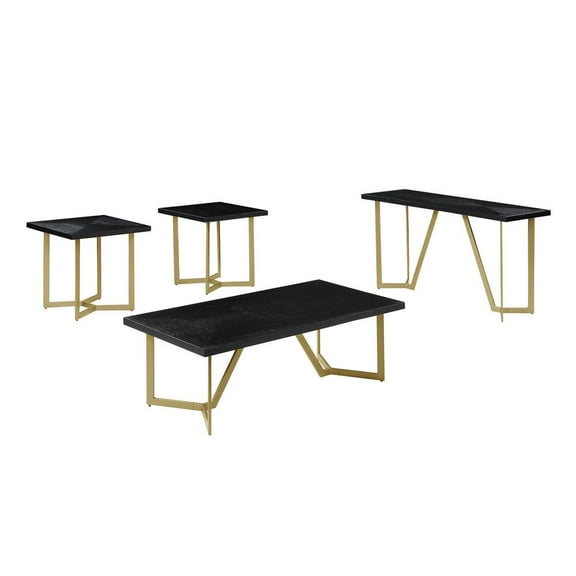 4pc Black Wood Coffee Table Set with Gold Painted Legs