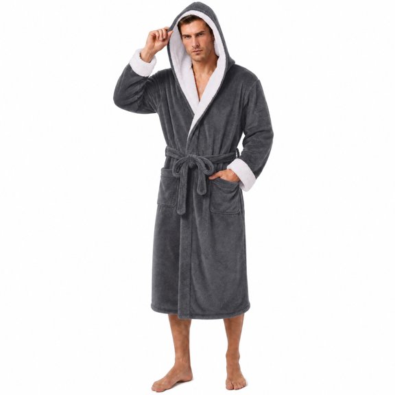 Vulcanodon Mens Ultra Soft Plush Bathrobe with Hood, Warm Fleece Robe with Pockets Spa Robes for Men Cozy Fluffy Fuzzy(Dark Grey, L/XL)