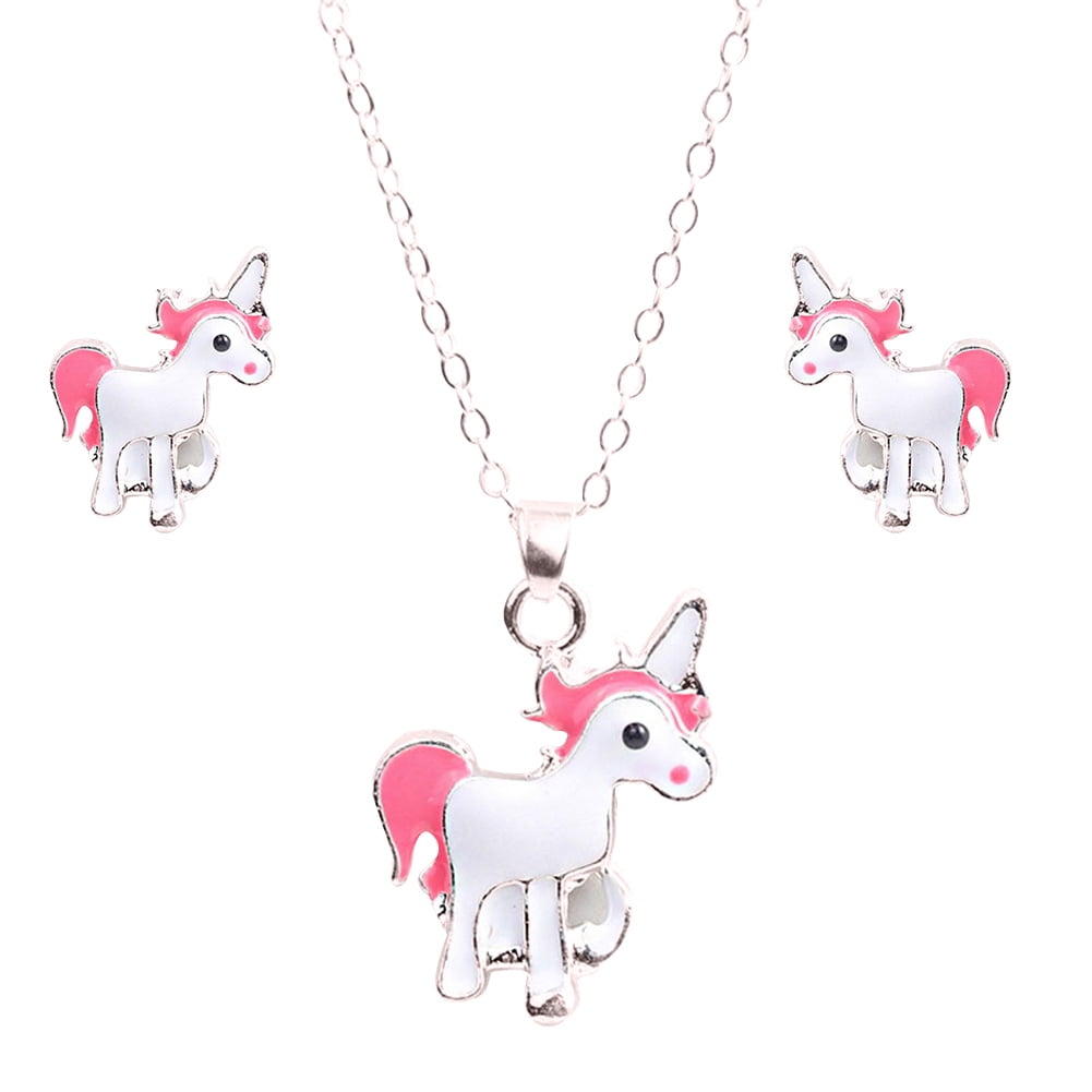 Children Girls Unicorn Alloy Necklace and Stud Earring Accessories Set