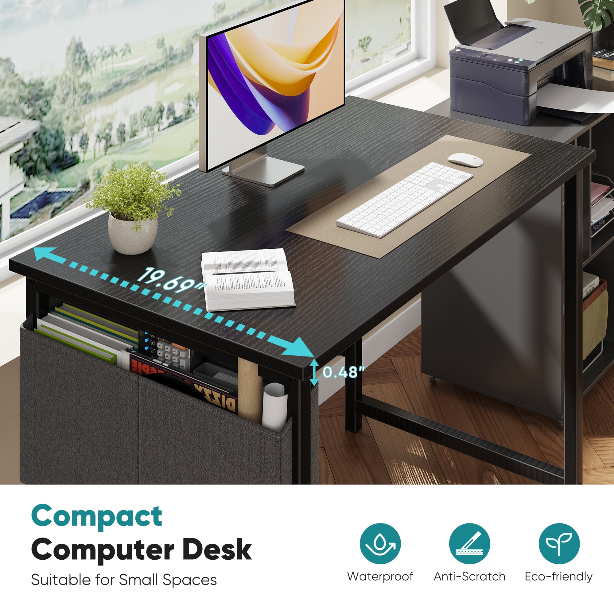 Gianna 31" Computer Desk with Metal Frame, Waterproof Surface and Storage Bag – Perfect for Office Use, Black