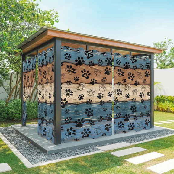 Outdoor Curtains for Patio Waterproof, Navy Blue Brown Outdoor Privacy Panels Grommet, Rustic Farmhouse Dog Paw Vintage Blackout Outside Curtains for Porch/Cabana/Pergola/Gazebo 54"x84", 1 Panel