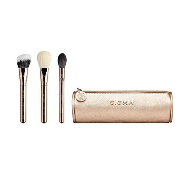 Sigma Beauty Bloom + Glow Makeup Brush Set - Set Of 3 Face Makeup Brushes For Blush Contour Bronzer And Highlighter Includes Stylish Rose Gold Small Makeup Bag (4 Pcs)