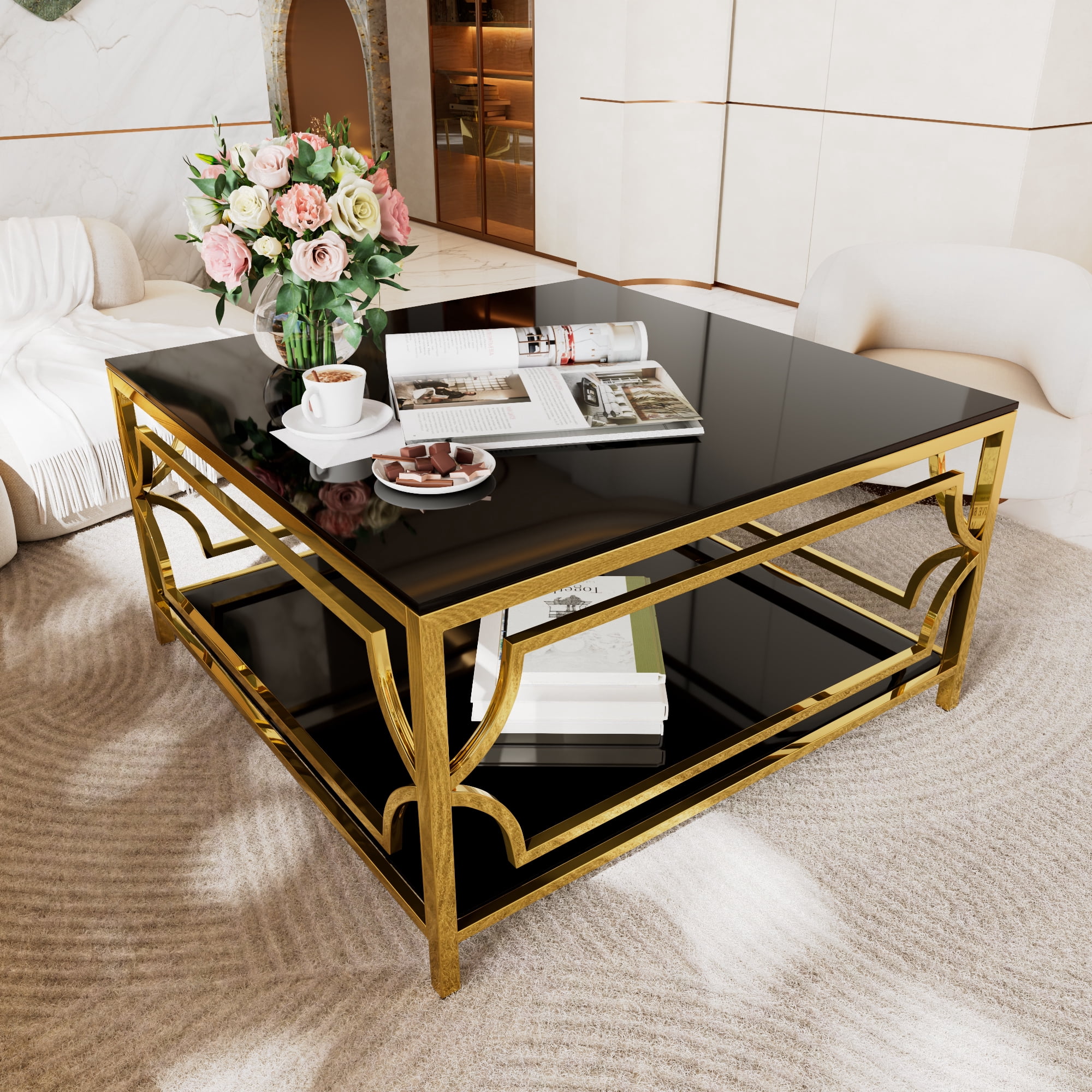 Square Glass Coffee Table in 33.5",Luxurious Geometric Metal Frame,Gold Finish & Lower Shelf