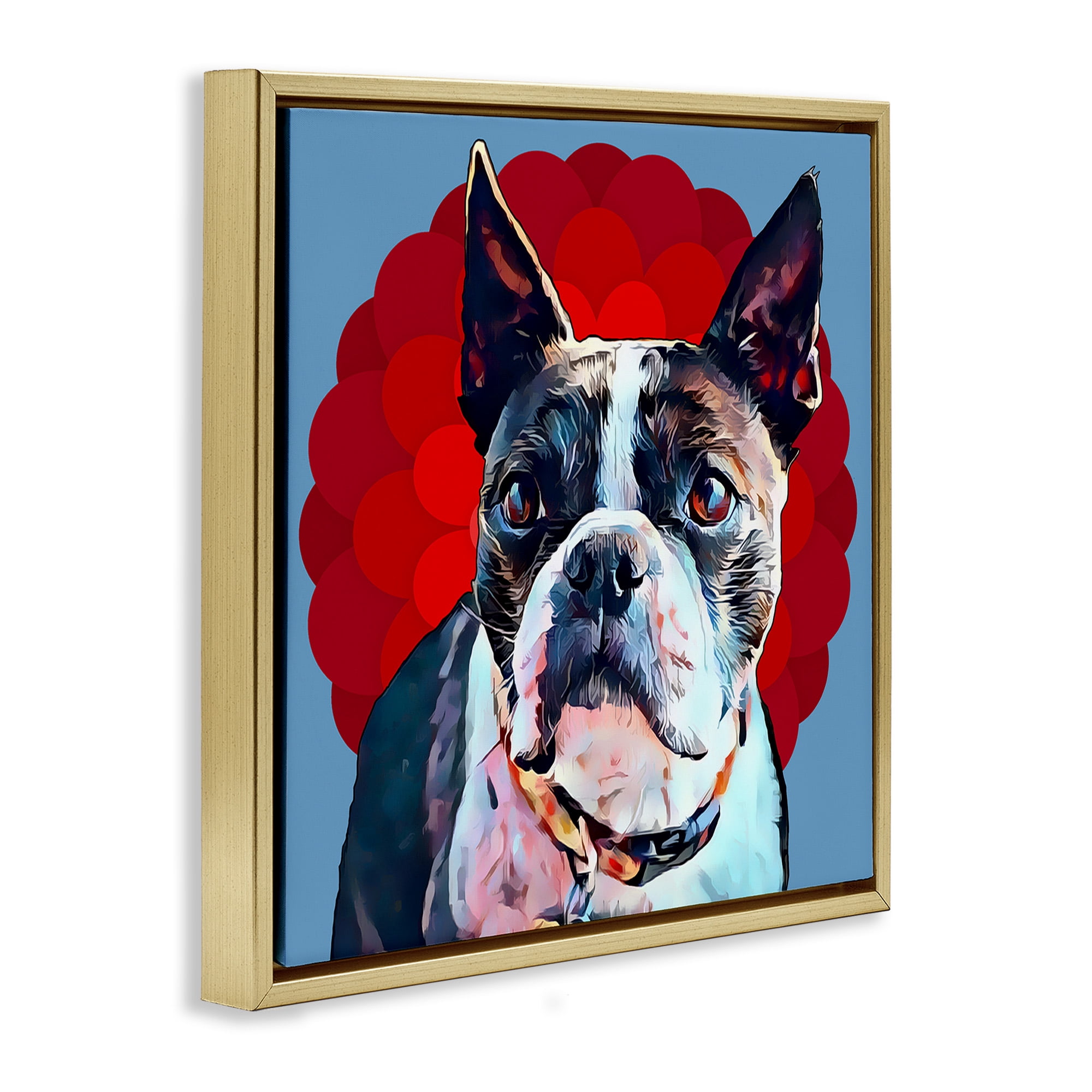Stupell Industries Boston Terrier Dog over Geometric Animals & Insects Painting Gold Floater Framed Canvas Art Print Wall Art, 25 x 25