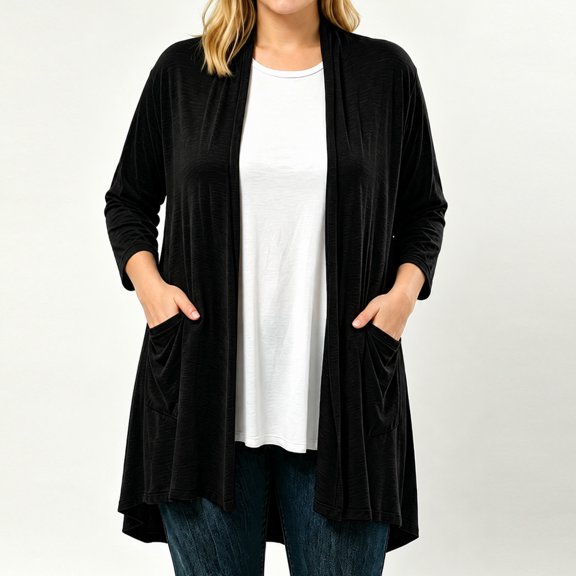 Gamivast Women's Plus Size Long Cardigan 3/4 Sleeve Open Front Lightweight Relaxed Fit Layering top with Pockets for Casual Office Wear Black M