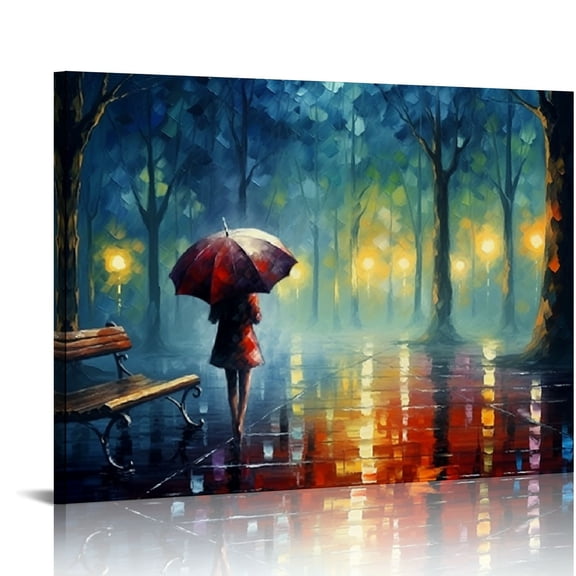 JRXY Colorful Trees Landscape Canvas Wall Art Bedroom Wall Decor Abstract Rainbow Trees Umbrella Walking Couple Prints Pictures Artwork for Living Room Home Office  20x16in
