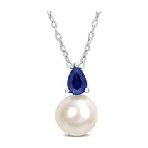 8.5-9mm Freshwater Cultured Drop Pearl Pendant Necklace with Lab-Created Blue Sapphire Sterling Silver with Chain for Women