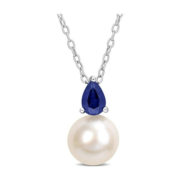 8.5-9mm Freshwater Cultured Drop Pearl Pendant Necklace with Lab-Created Blue Sapphire Sterling Silver with Chain for Women