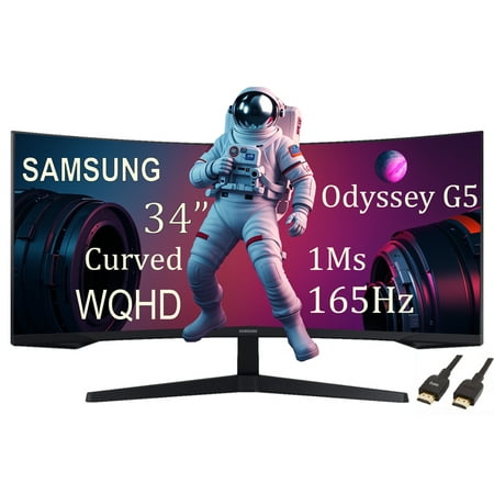 SAMSUNG 34" Odyssey G5 Ultra-Wide Gaming Monitor, 1000R WQHD Curved, 165Hz Refresh Rate, 1ms Response Time, FreeSync Premium, Black, with 5AVE HDMI Cable