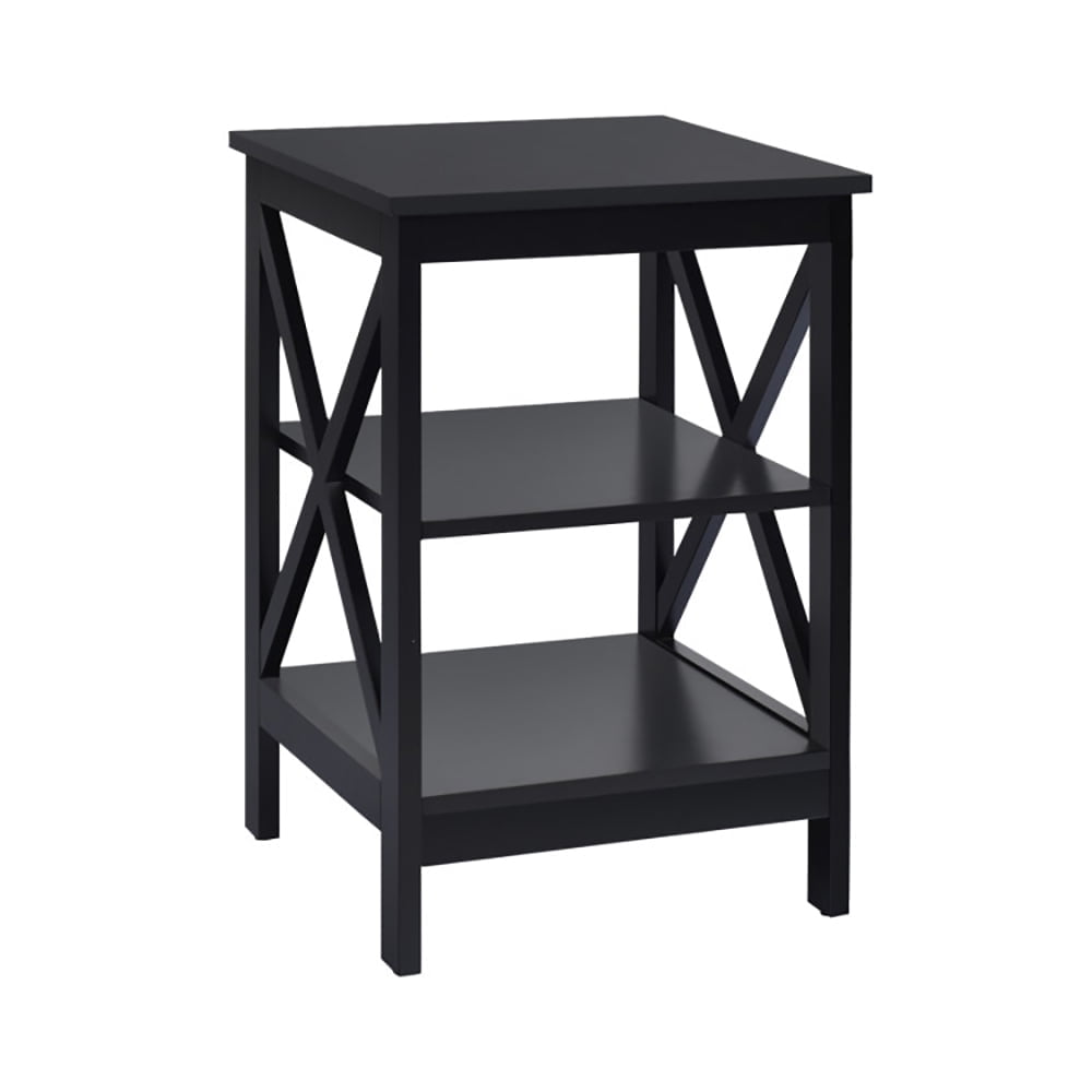 Demi Bonn End Table, 3-Tier X-Design Nightstands with Storage Shelves, Bed Side Tables, for Living Room, Bedroom, Black