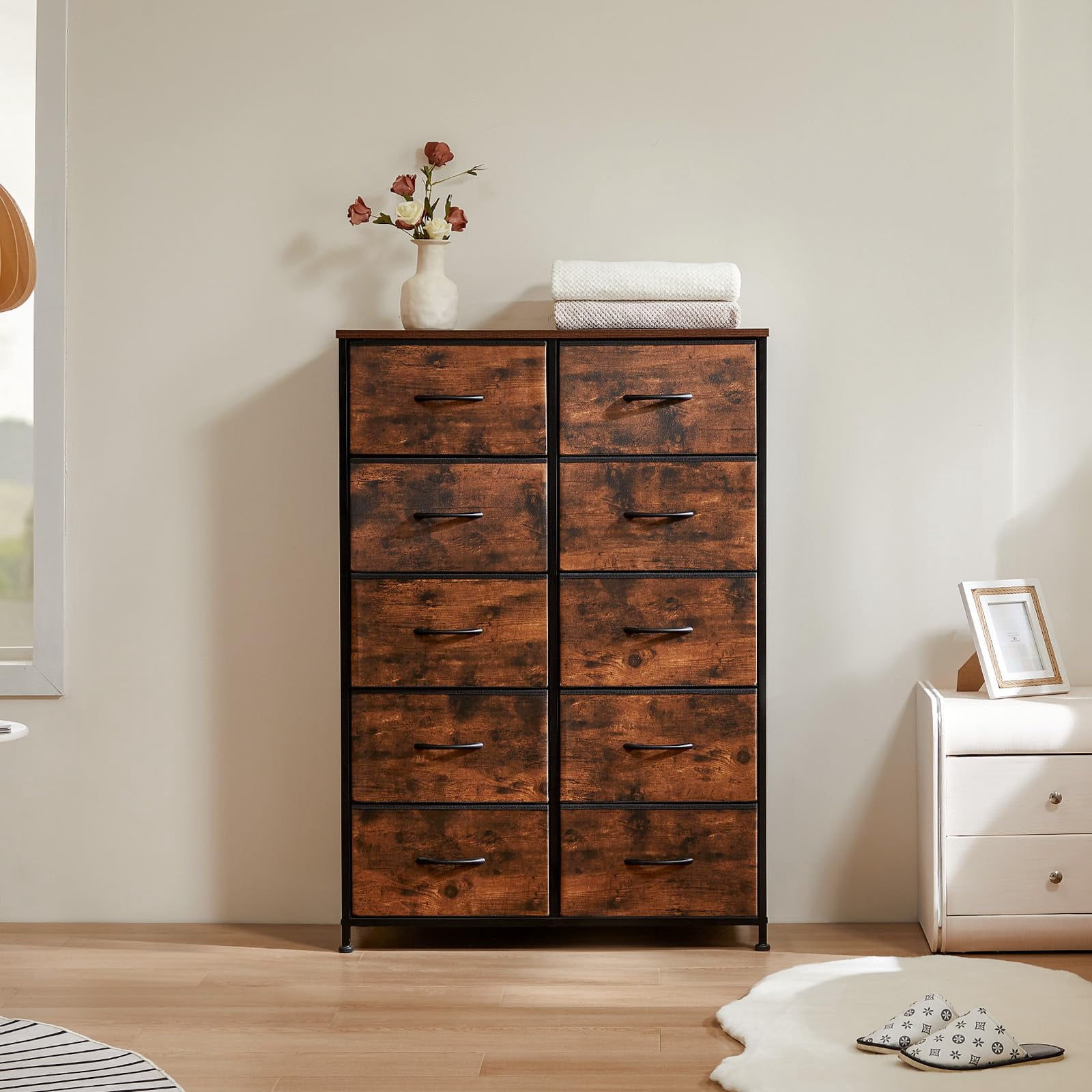 Bigleap 10 Drawer Dresser Organizer Storage Drawers, Chest of Drawers with Fabric Bin for Bedroom, Closet, Entryway,Brown