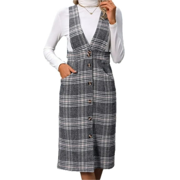 Women's Plaid Pocketed Overall Dress with Button Front and Subtle Overlay in 100% Polyester Lightweight Everyday Wear
