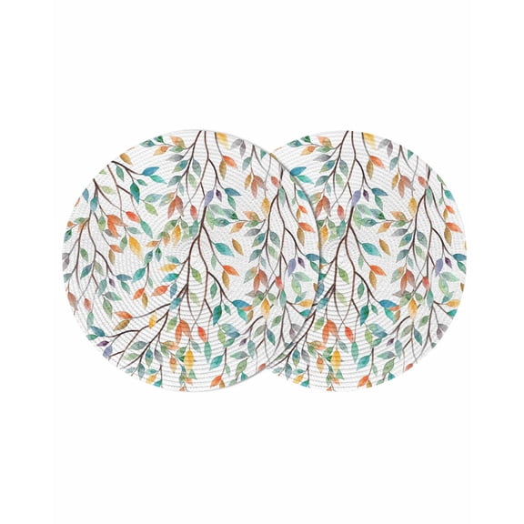 Teal Orange Eucalyptus Round 13 Inch Placemats Set of 2, Weeping Botanical Leaves HeatResistant Non Slip Place Mats for Dining Table, Wipeable Braided Kitchen Table Mats for Housewarming
