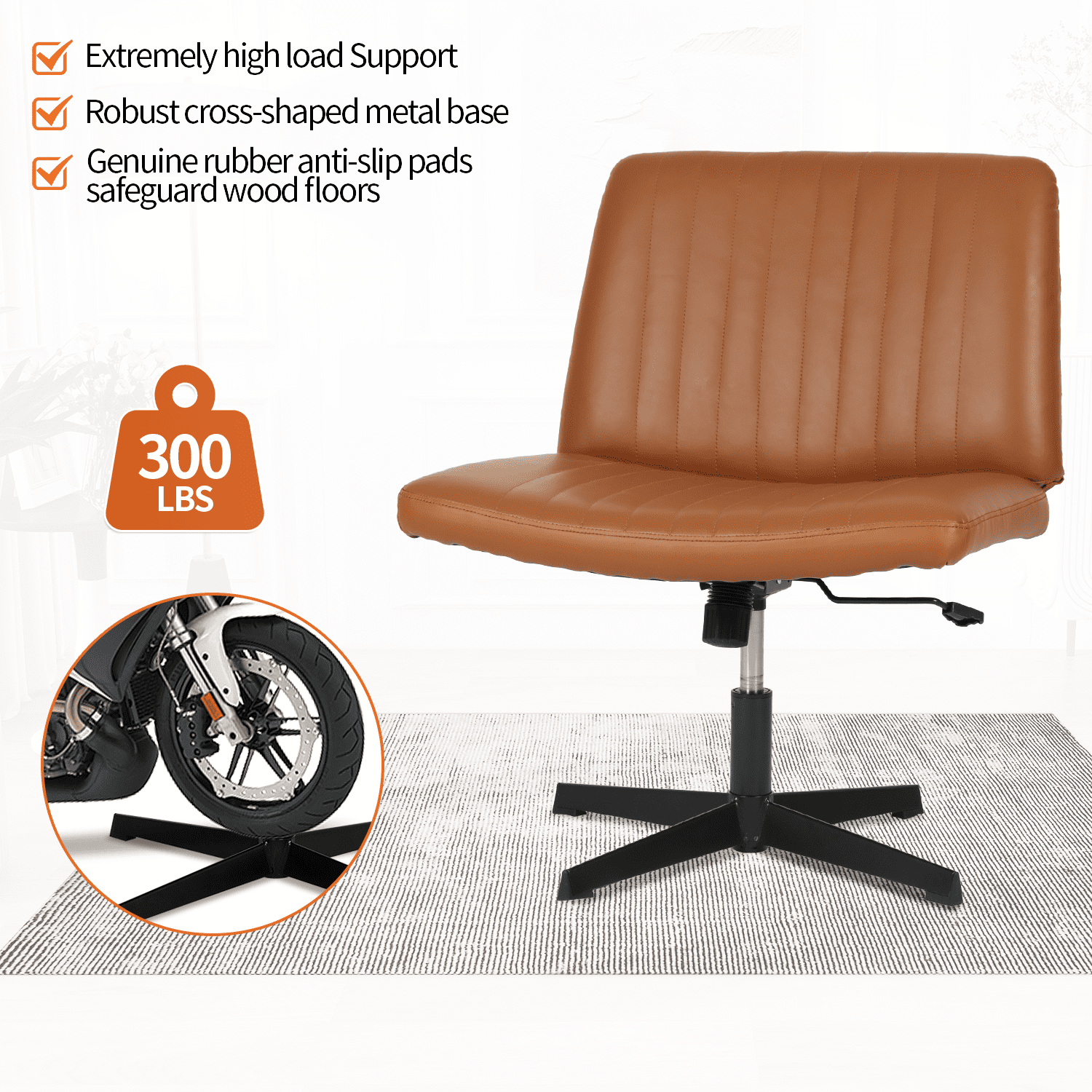 BIQWBIC Crisscross Chair Armless Vanity Chair Adjustable Home Office Desk Chair with No Wheels, Brown