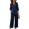 thumbnail image 7 of Cagogo Women Plus Size 2 Piece Set V Neck Long Sleeve Shirt Wide Leg Pants Casual Loose Outfits Solid Basic Matching Lounge Tracksuits Comfy Travel Airport Clothes, Navy 3XL, 7 of 7