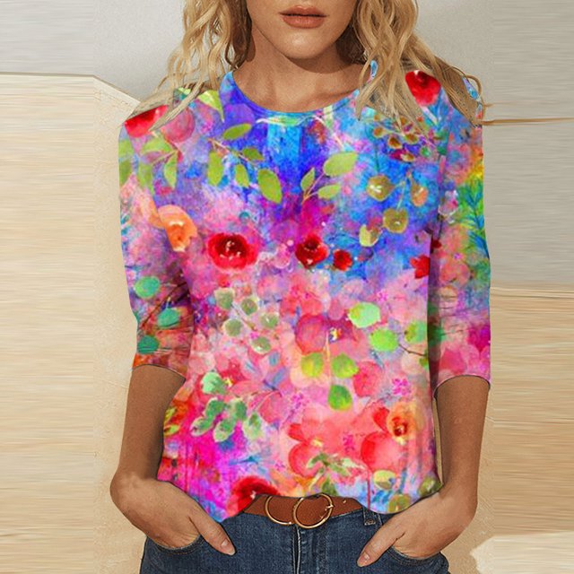 Hauts pour Femmes T-shirt Ample Imprimé de Mode pour Femmes Blouse à Manches 3/4 Col Rond Hauts Décontractés Hauts et Blouses pour Dames en Liquidation