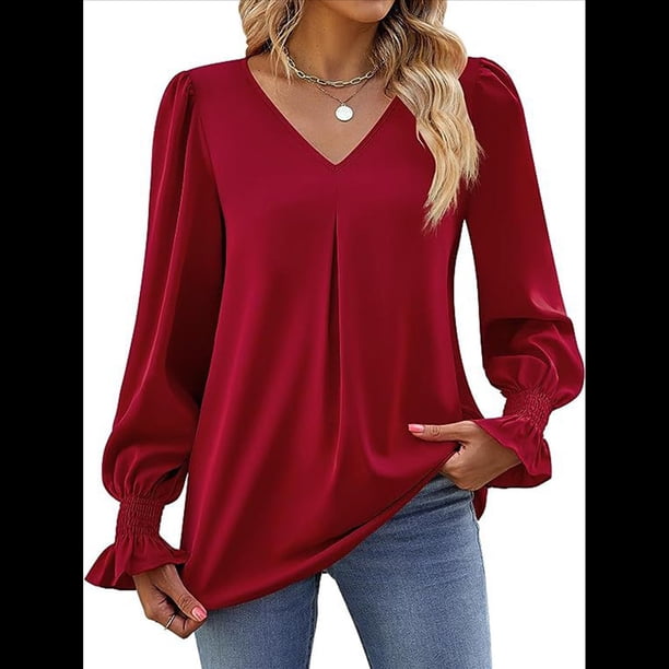 Blusas de Larga para Mujer 2025, Elegantes, Informales, con Cuello en V, Tipo Túnica, Blusa Holgada de para el Trabajo. Vino Tinto L