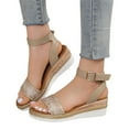 thumbnail image 3 of asddcavvf Ladies Fashion Lines Print Leather Open Toe Buckle Sloping Heel Thick Sole Sandals, 3 of 9