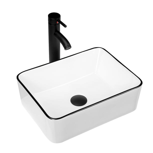 Ceramic Rectangular Bathroom Vessel Sink Above Counter Vanity With Faucet Combo White Black Trim On The Top 16 X 12 Com - Sink And Faucet Combo Bathroom Ceramic Rectangular Bathroom Vessel Sink Above Counter Vanity With Faucet Combo White Black Trim On The Top 16 X 12 Com - Sink And Faucet Combo Bathroom