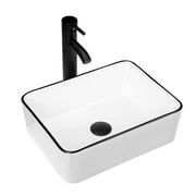 Ceramic Rectangular Bathroom Vessel Sink, Above Counter Vanity Sink with Faucet Combo, White Body with Black Trim on The Top, 16'' x 12''
