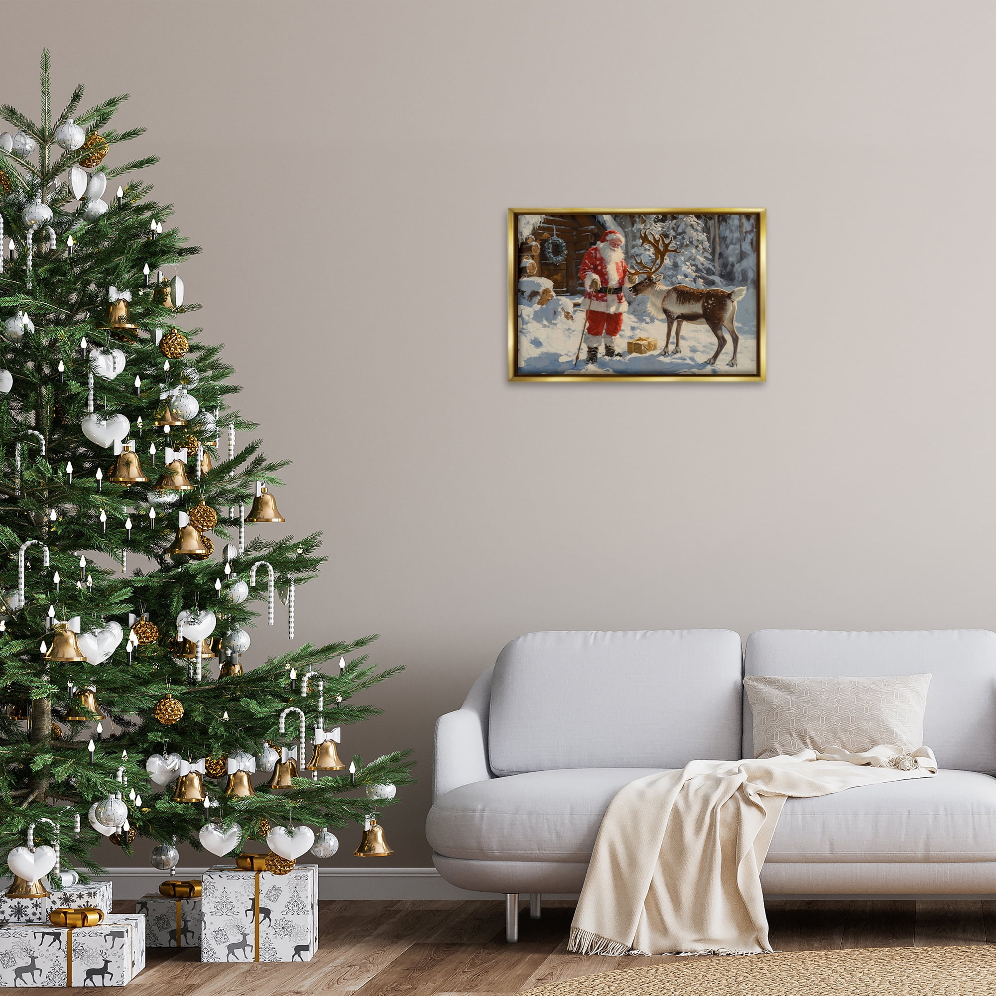 Stupell Industries Santa with Reindeer Scene Holiday Painting Gold Floater Framed Canvas Art Prints Wall Art, 25 x 17