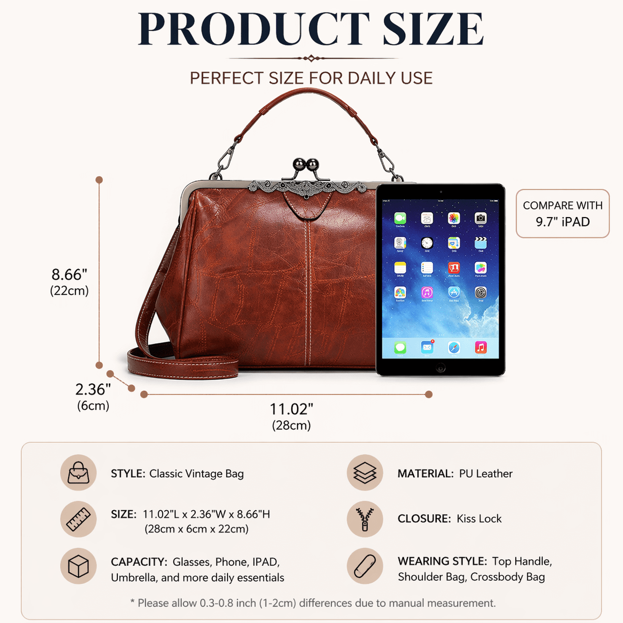 Kiss Lock Tote Handbag for Women, Vintage Frame Purse with Top Handle & Crossbody Strap, Structured Leather Shoulder Bag for Work, Daily, Travel
